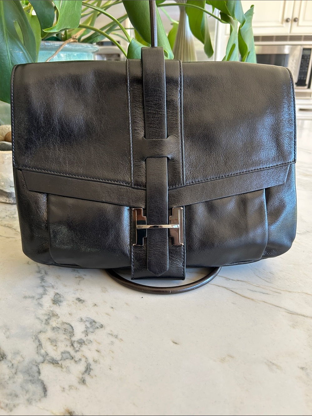 Halston Heritage Black Leather Messenger Bag with Silver Hardware